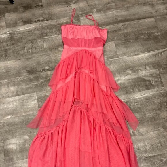 Pink Tiered Ruffle Maxi Dress Formal Evening Party Gown - Picture 2 of 3